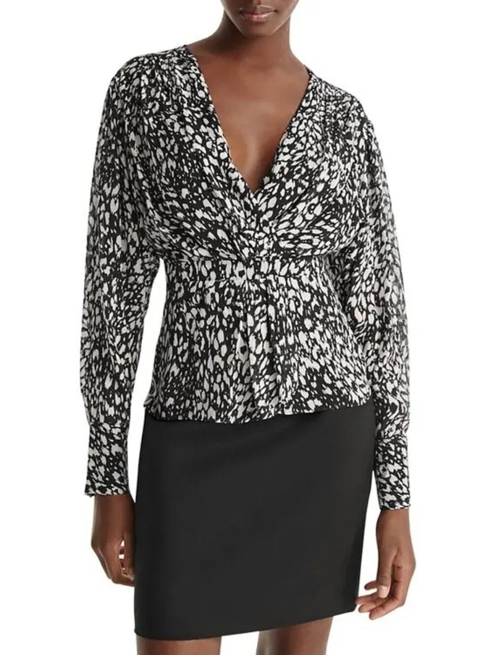 The Kooples Black & White Printed Wrap-Front Peplum Blouse